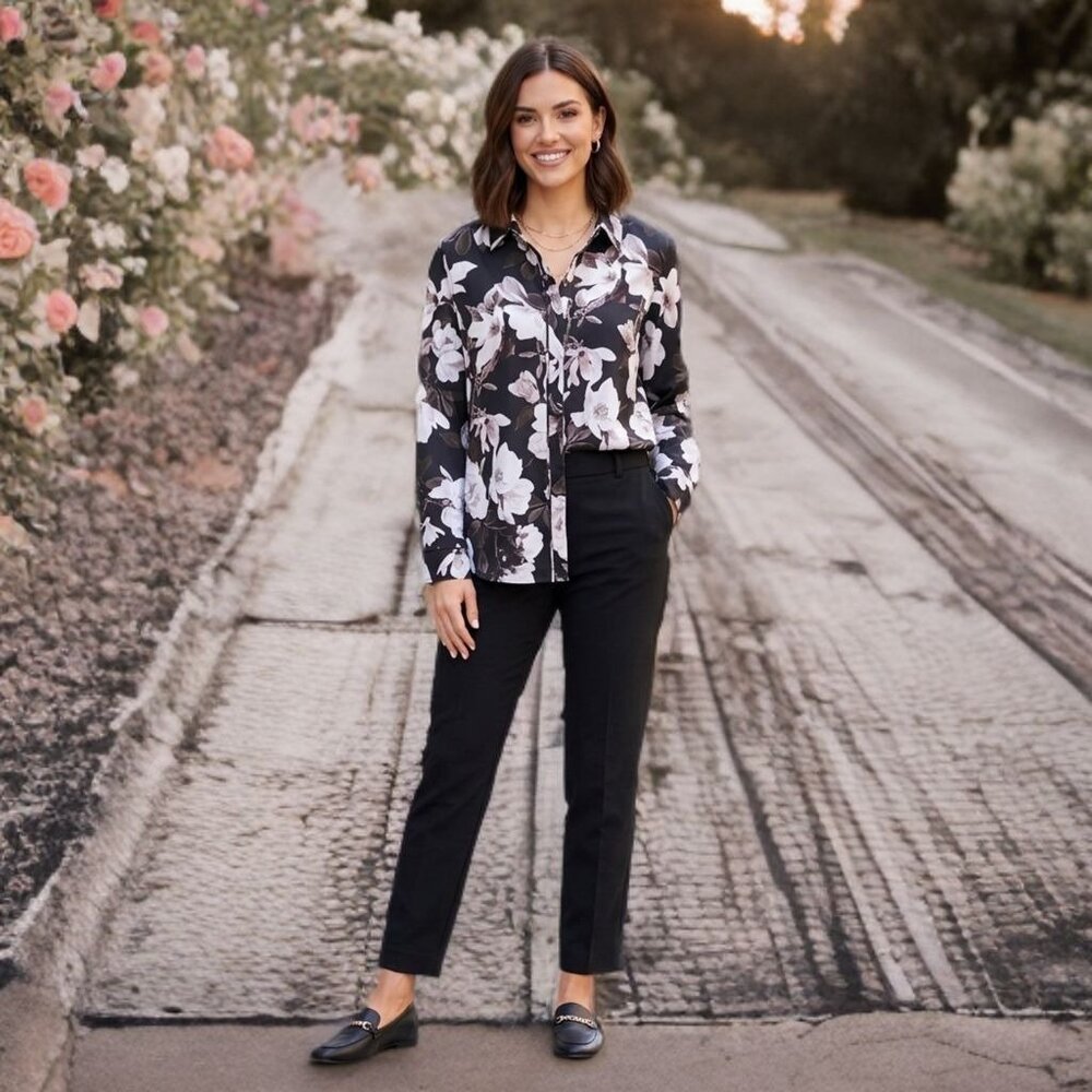 Express Portofino Floral Magnolia Long Sleeve Button Up Blouse Lightweight Large - Picture 4 of 12